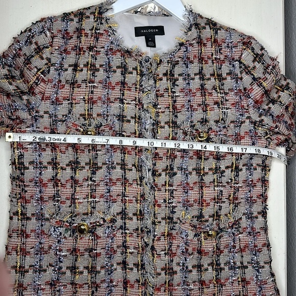 Halogen Tan Elsie Tweed Multicolored Frayed Edge Jacket Size Medium - Picture 9 of 11
